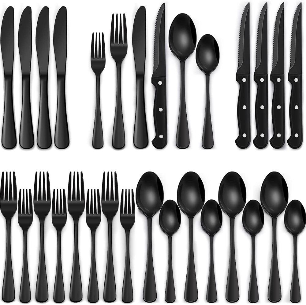 ewffn black silverware set - steak knife included