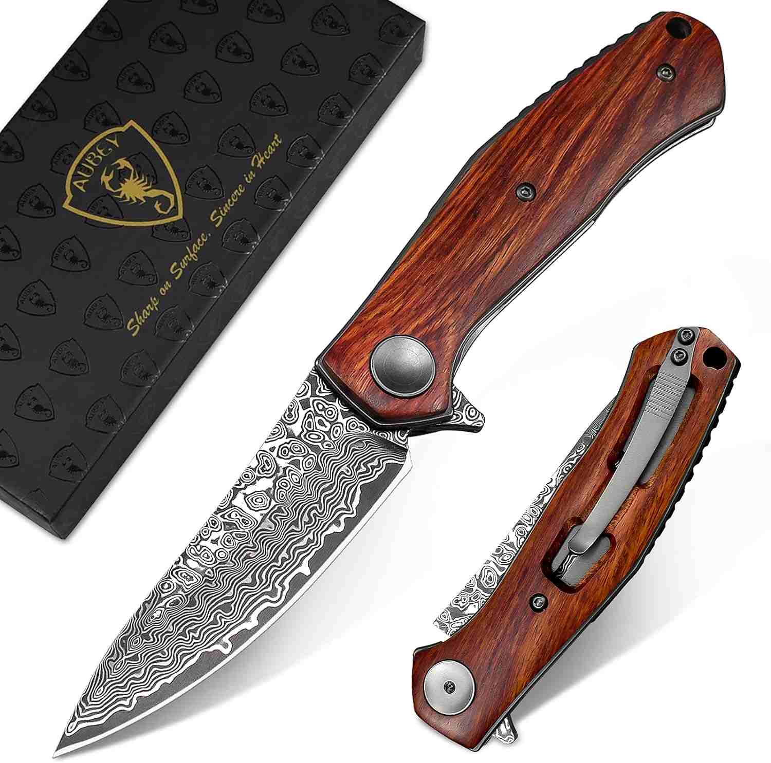 AUBEY Damascus Folding Pocket Knife