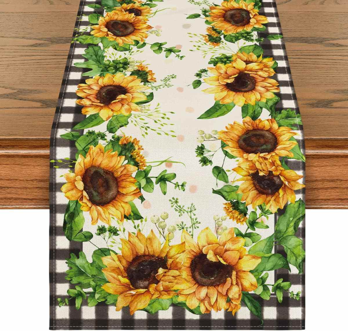 Artoid Mode Buffalo Plaid Sunflower Table Runner