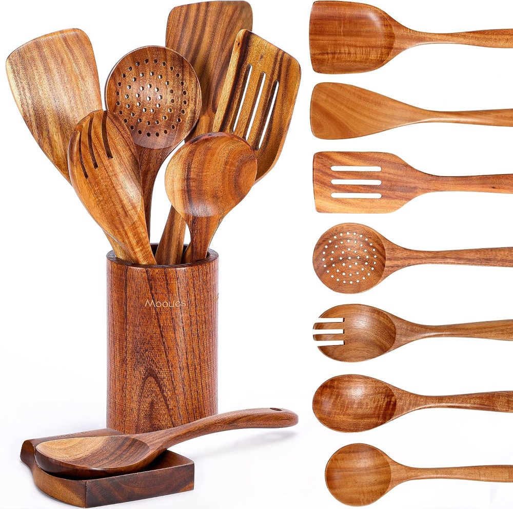 mooues natural teak wooden kitchen utensil set - comfort grip