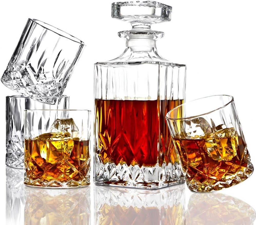 ELIDOMC 5PC Italian Crafted Glass Whiskey Decanter & Whiskey Glasses Set