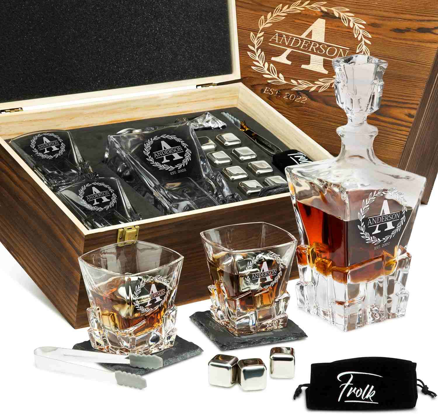 Frolk Personalized Whiskey Decanter and Stones Set